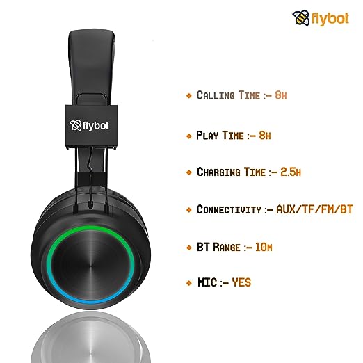 Flybot Alpha Wireless Over Ear Bluethooth Headphone with Mic IPX5 Rated with HD Sound and LED Light Design (Black) Flybot Alpha Wireless Over Ear Bluethooth Headphone with Mic IPX5 Rated with HD Sound and LED Light Design (Black)